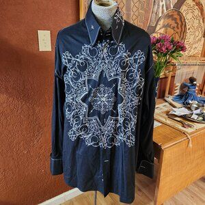 Angelino Cotton Shirt Fancy Stitching Stand Up Collar French Cuffs SIZE 18-1/2